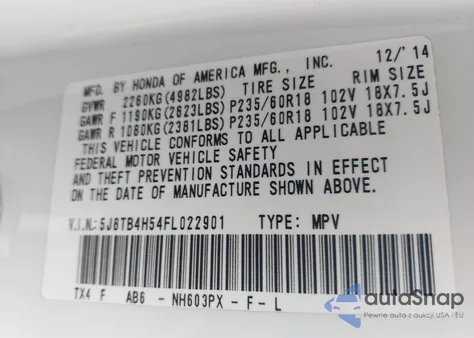 2015 Acura Rdx z USA, uszkodzony, nr VIN 5J8TB4H54FL022901